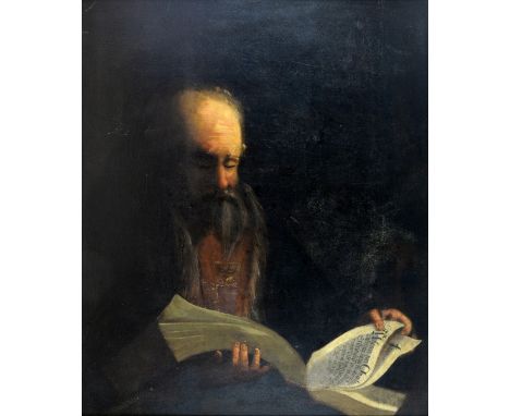 19th century portrait of a bearded gentleman reading a book, unsigned, oil on canvas, 87cm x 72cm,