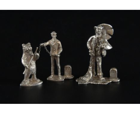 Modern silver group of a man with a dancing bear, 5cm high, and another of a chimney sweep, 6cm high, by Thomas Charles Jarvi