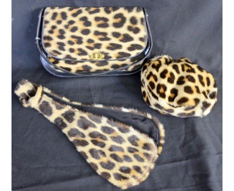 1950's bag hat and collar in leopard skin, by Madame Louise of Nairobi, bag with black leather trim and matching purse. Expor