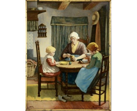 Late 19th/early 20th century Rosenburgh ceramic plaque interior scene with mother and two children, signed Artz, 32cm x 23cm,