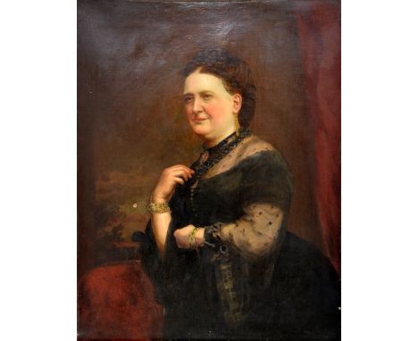 Half-length portrait of a woman dressed in black dress, appears unsigned, oil on canvas, 92cm x 71cm,