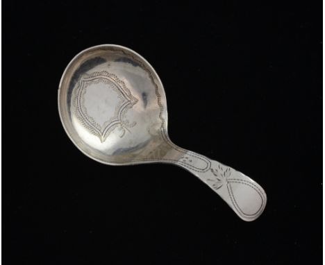 George III silver caddy spoon with bright cut shield decoration to bowl, Birmingham 1801 by T W