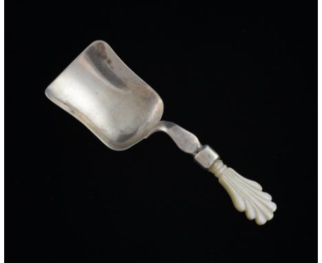 Victorian square bowl silver caddy spoon with mother-of-pearl handle by T D, Birmingham 1856
