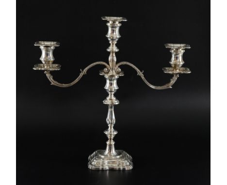 Modern silver three light candelabra with foliate scrolling arms, knopped stem on shaped base, by C J Vander Ltd., Sheffield,
