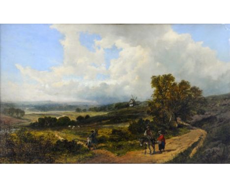 Attributed to James Peel ( 1811-1906), country scene in  Haslemere Surrey with man on a donkey and woman at his side dressed 