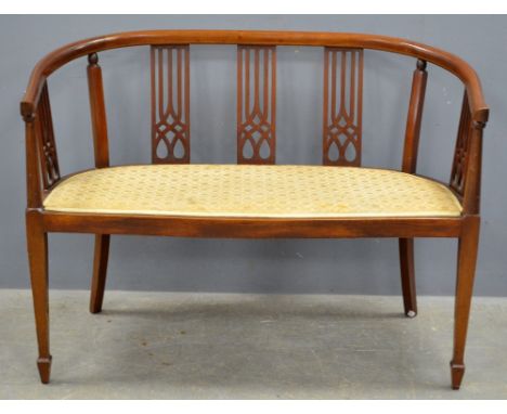 Early 20th century mahogany and boxwood strung tow seater sofa, width 110cm,