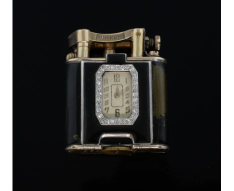 Silver and gold Dunhill lighter watch, Black enamel decoration on silver with a rectangular watch dial with gilt Arabic numer
