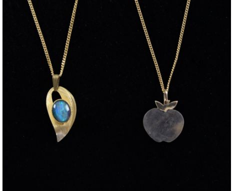 Two gold chains with pendants, one with apple form the other set with an opal in closed back setting, one chain 18ct, one 9ct