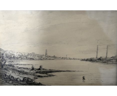 Estuary view, ink sketch, 7cm x 17cm, Two framed pencil sketches, St Antonio Bay, signed with initials, each 13cm x 24cm,