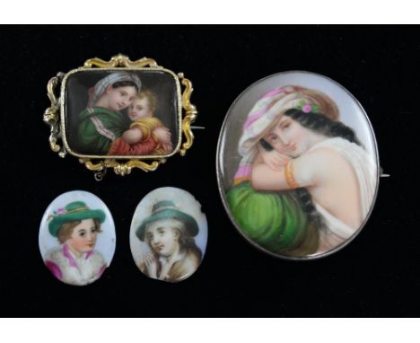 Antique portrait brooches, large Victorian porcelain portrait brooch, depicting a young women, another with mother and child,