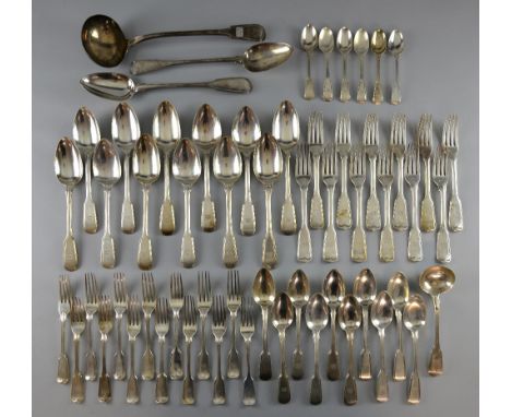 George III and later matched part canteen of military fiddle and thread pattern cutlery with a boar crest, comprising two gra