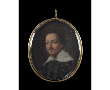 17th century oil on copper portrait miniature of a gentleman wearing striped jacket and large white collar, gold plated frame