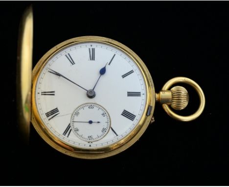 18ct gold full hunter keyless pocket watch, white enamel dial with Roman numerals, subsidiary dial at 6 o'clock, engine turne