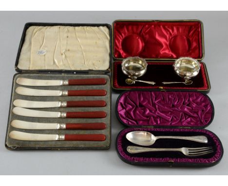 Pair of Edward VII silver salts and spoons, by Henry Bourne, Birmingham, 1902, Victorian silver fork and spoon set, six silve