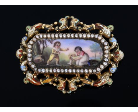 Swiss enamel and pearl brooch, depicting two young children playing. within a seed pearl border coloured enamel open work sur