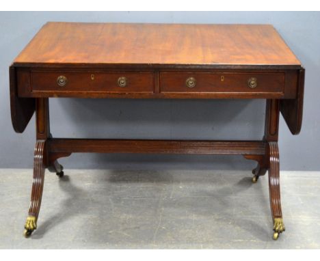 19th century mahogany sofa table two draws on twin end supports, 74cm x 104cm x 80cm,