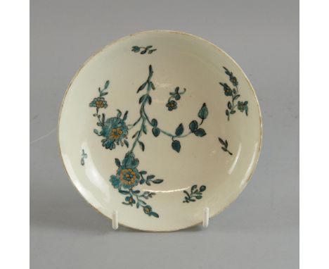 Rare Worcester saucer c. 1765, decorated in the James Giles  atelier in sea-green monochrome and gilding with flowering chrys