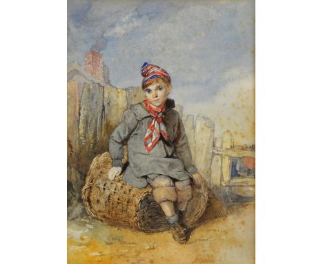 A J Bunster, portrait of a young girl, watercolour, 27cm x 22cm, portrait of a young boy seated on a basket, watercolour, 29c