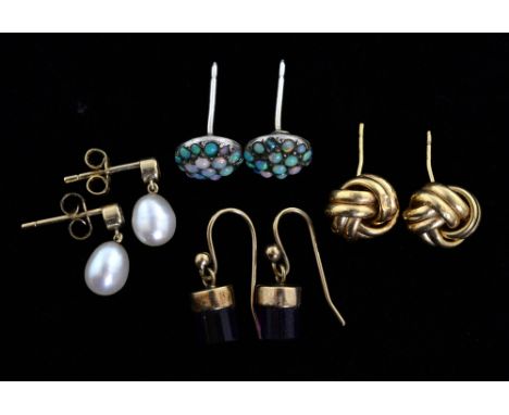 Four pairs of earrings, one pearl drop, amethyst drop, opal set stud earrings and a pair of gold knot, 9 ct gold  