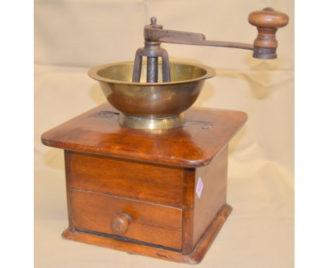 Rare Russian wooden box mill with open brass hopper, by Kolchigin, 29cm,