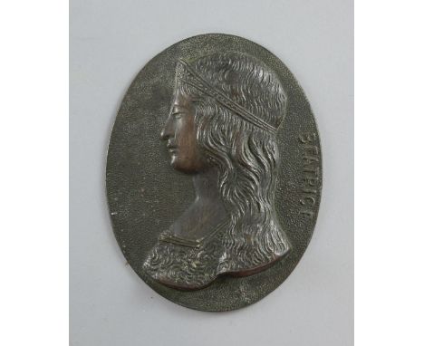 Cast bronze oval plaque of a maiden with flowing hair in Art Nouveau style, circa 1900, entitled 'Beatrice', with cast initia