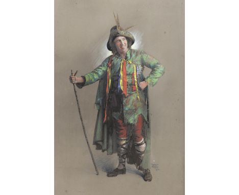 Robert E Groves RA  RBA  RI  RSW - gouache, study of a  gentleman with a feathered hat and walking stick, signed and dated 19