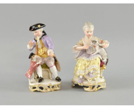 Pair of early 19th century  Meissen figures of young children playing with a cat and a dog Model nos 768 and 133. 13cm high