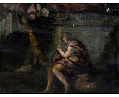 Oil on board of a classical scene of man playing a flute beneath a tree, in gilt frame, 16cm x 21.5cm