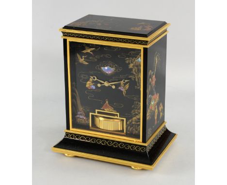 Jaeger Le-Coultre Atmos brass mantel clock in the Japanese style. Number 220009. The front, top and sides set with black lacq