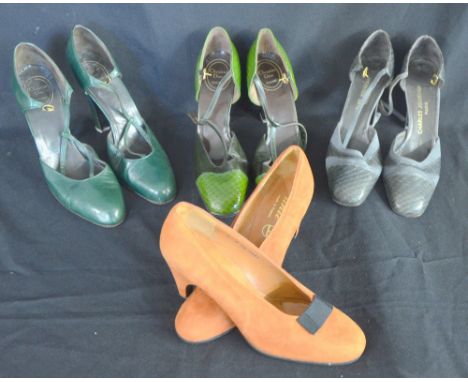Two pairs of 1970's Christian Dior shoes,  of green snakeskin and green leather, another pair by Charles Jourdan and rust sue