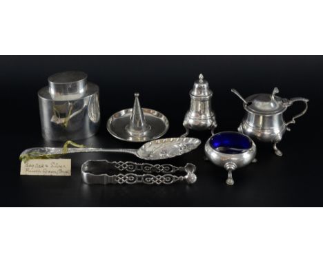 Pair of late Georgian silver sugar tongs with shell nips and pierced handles, silver tea caddy Birmingham 1913/1938, a berry 