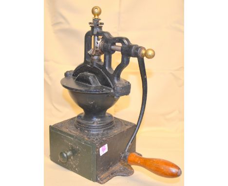 Peugeot black cast iron side cranked table mill with closed hopper and wooden drawer, 36cm,