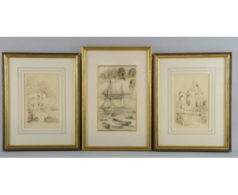 F Churley, sketches of ruined buildings, pair, 17cm x 11cm and a watercolour sketch of fishing boats,