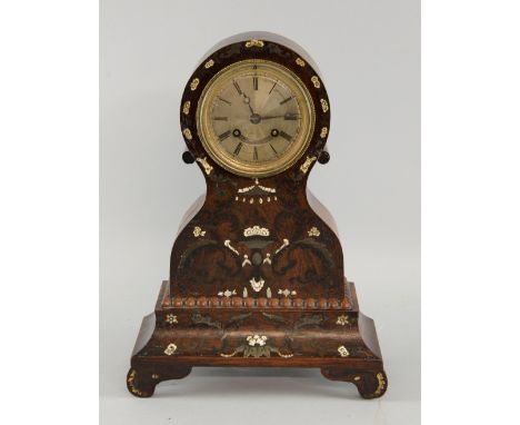 19th century rosewood and marquetry inlaid mantel clock with silvered dial, twin train movement, movement engraved 'Dixon ET 