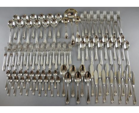 George V canteen of silver Sandringham pattern cutlery for twelve, comprising fish knives and forks, soup spoons, dinner fork