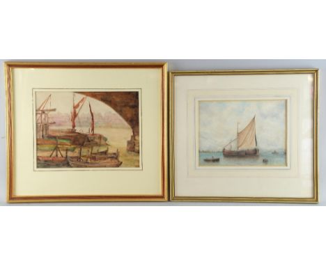 Boat yard beneath an arch, watercolour, signed indistinctly, 22cm x 30cm, another, barges in an estuary, watercolour, no sign