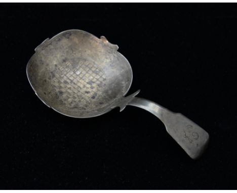 George III silver caddy spoon with shaped and engraved bowl, by Thomas James, London, 1813,