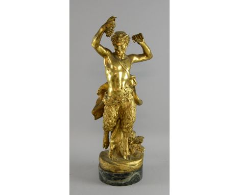 19th century gilt bronze of a Satyr Faun on green marble base, 40cm high, 