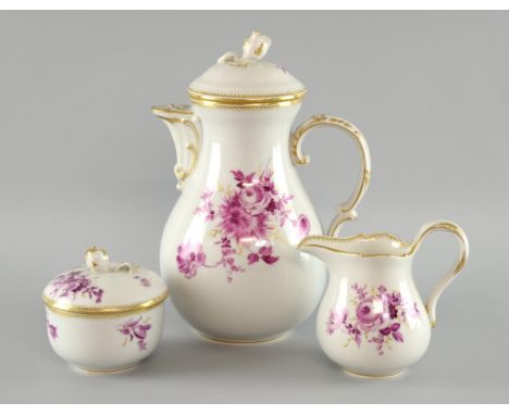 19th century Meissen coffee pot with floral bud handle and cover, with matching sugar basin and cover and a cream jug decorat