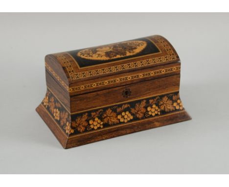 Tunbridge ware rosewood two section tea caddy with domed lid decorated with roses, 21cm, (key),
