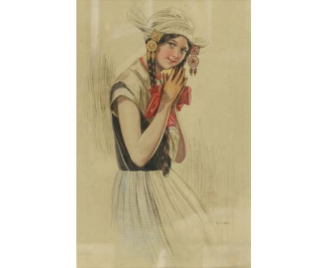  W G Easton, portrait of a young girl in national costume, watercolour, 34cm x 23cm,