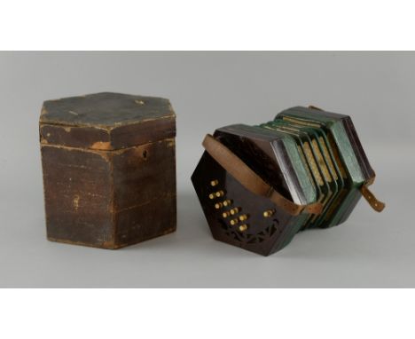 Rosewood 21 button concertina accordion, boxed,