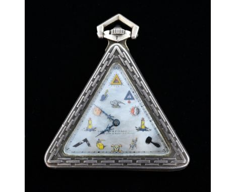 A silver triangular Masonic watch,  mother of pearl dial with Masonic symbols for hours marked 'Love your fellow man lend him
