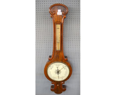 Victorian rosewood cased mercury banjo barometer, the thermometer signed for Mark Hill, Birmingham, glass lacking from dial, 
