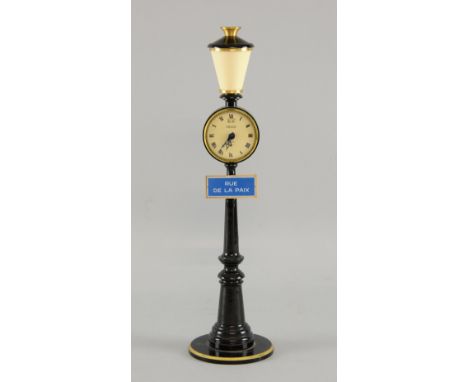 Jaeger-LeCoultre vintage clock modelled as a French street lamp with a plaque Rue de la Paix, the circular dial set with Roma