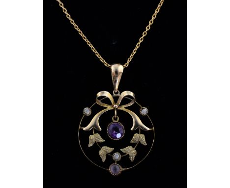 Edwardian pendant and bangle,  amethyst set pendant, 9 ct  on 15 ct  gold chain, cased and a gold bangle with chased ivy leaf