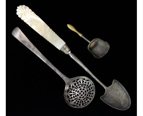 William IV silver and mother-of-pearl handled cheese scoop, Birmingham, 1834, bone handled shovel form caddy spoon and a sift