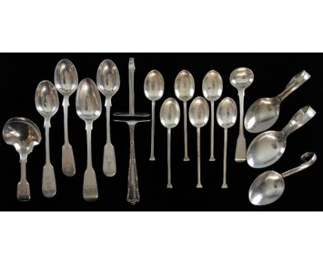 George III silver fiddle pattern caddy spoon, by Thomas Wallis II & Jonathan Hayne, London, 1817, six silver coffee spoons an