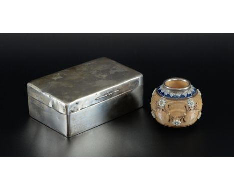 A silver mounted cigarette case,  silver mounted trinket box, a Royal Doulton silver mounted match striker,
