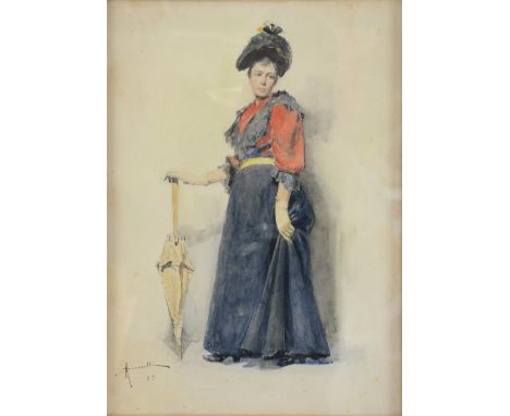 Portrait of a young Italian woman with a parasol, watercolour, signed indistinctly, possibly Scorrelli and dated 93, 34.5cm x